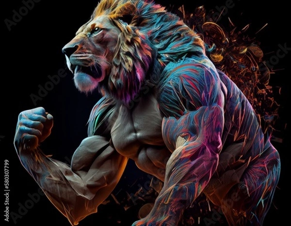 Fototapeta Muscular and colorful lion, generative ai
