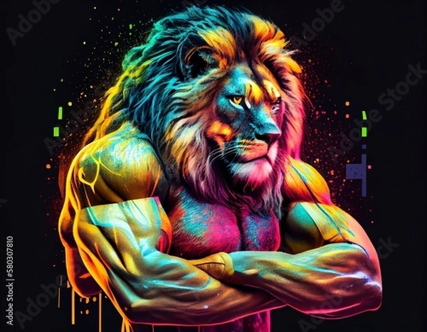 Fototapeta Muscular and colorful lion, generative ai