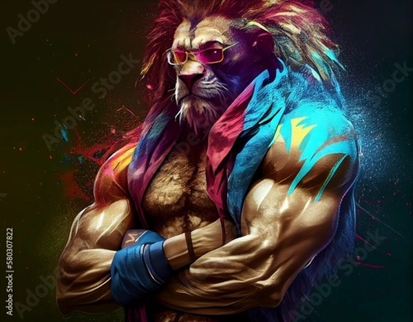 Fototapeta Muscular and colorful lion, generative ai