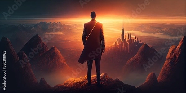 Fototapeta Successful man looking down on city, generative ai