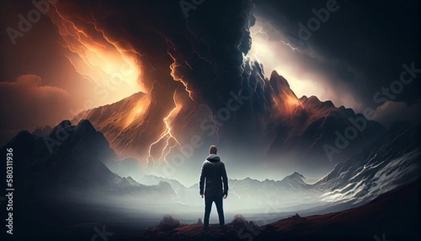 Fototapeta Man looking at storm in mountains, generative ai
