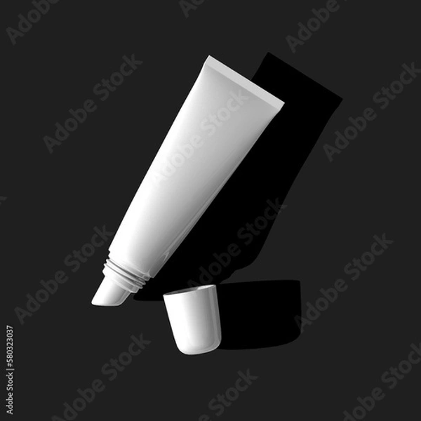 Fototapeta white lip gloss open tube top view isolated with long shadow black background