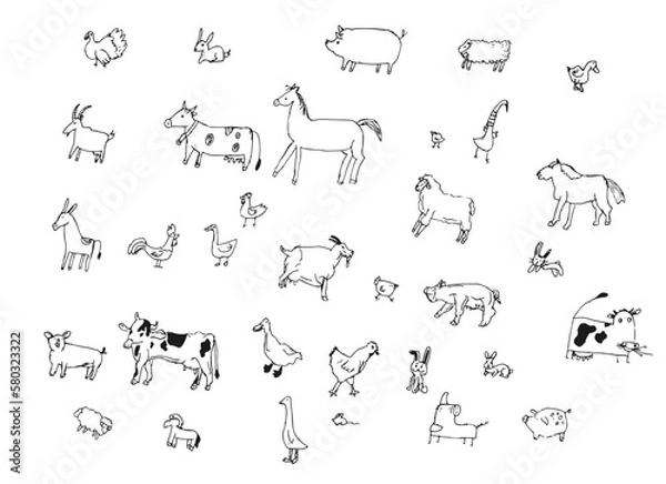 Fototapeta Farm set with animals, pets, livestock sketch on a white background. Children draw. Vector illustration.