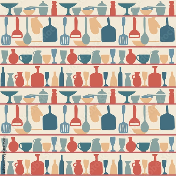 Fototapeta Vintage illustration of kitchen tools and equipment in retro colors, repeated pattern