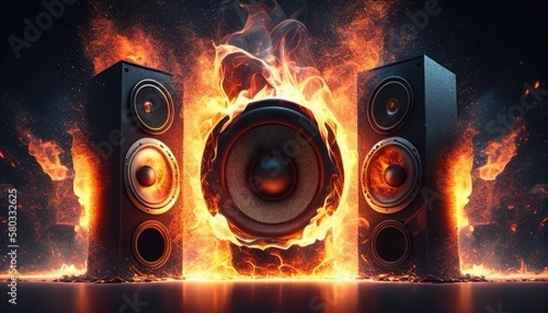 Fototapeta speakers surrounded by fire, burning speaker. Created with generative AI.