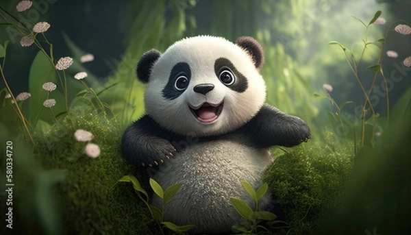 Fototapeta cute baby panda happy in the forest. Created with Generative AI.