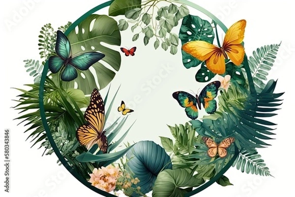 Fototapeta Round frame on a translucent backdrop with tropical plants and butterflies. Generative AI