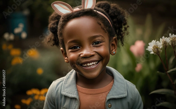 Fototapeta smiling child wearing bunny ears created with Generative AI technology