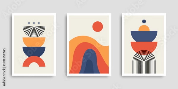 Fototapeta Set of abstract contemporary posters with geometric shapes. Collection of wall art. Modern boho minimalist art. Vector illustration. Design for print poster, cover, wallpaper. Stock.