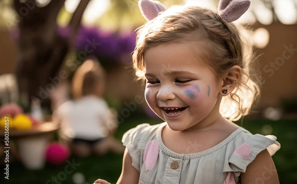 Fototapeta Happy little girl on Easter Egg Hunt created with Generative AI technology