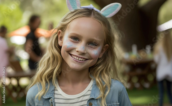 Fototapeta Happy girl celebrating Easter created with Generative AI technology