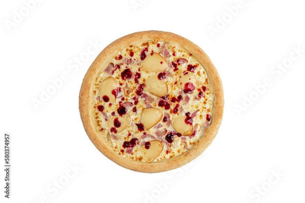 Fototapeta Pizza with Smoked Cheese and Berries on Rustic Table.
Artisan pizza topped with melted smoked cheese and sweet berries, served on a rustic wooden background with Italian-style decor.
