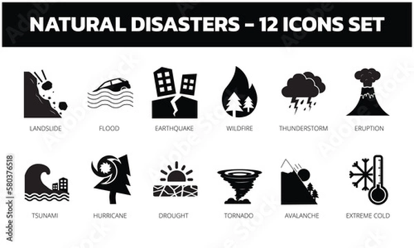 Fototapeta Natural Disasters icon set. Includes icons such as Earthquake, Flood, Tornado, Landslide, Volcano eruption and Drought. Flat editable vector icons.