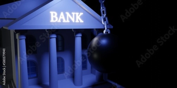 Fototapeta Wrecking ball smashing bank after failing to raise capital. Bank collapse or money liquidity crisis. Conceptual 3d rendering illustration.