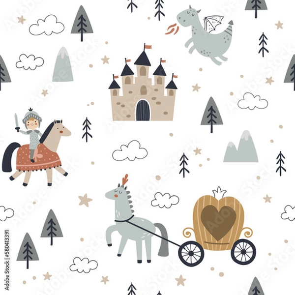 Obraz vector seamless boho pattern with cute knights