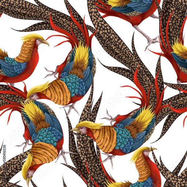 Fototapeta Seamless pattern with gold pleasant and fir branch. Vector.