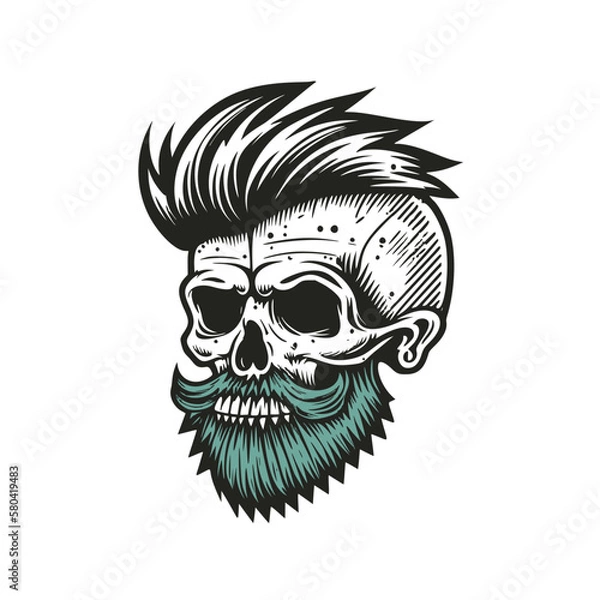 Fototapeta Hipster skull with hair and beard. Hand drawn vintage engraving style woodcut vector illustration.