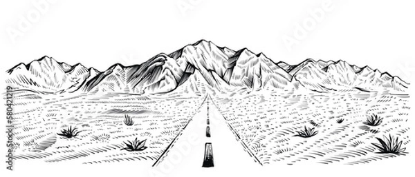 Obraz Road desert panorama with the mountain range, vector landscape. Black and white sketch of the roadway panorama.