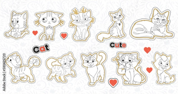 Fototapeta Set of cute valentine cat stickers collection printable animal sticker bundle with hand drawn cartoon character  style cat emotions vector design funny doddle pets illustrations for kids