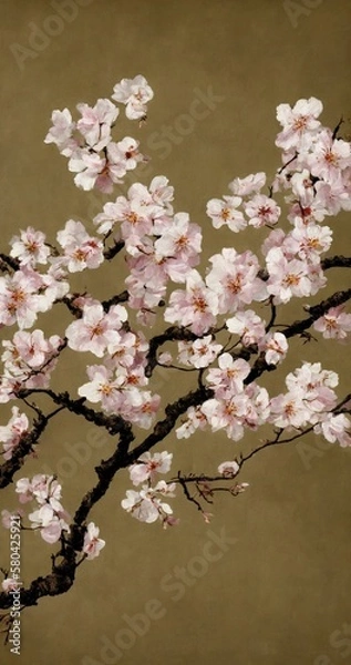 Fototapeta AI生成した桜の枝の掛け軸風絵画 AI-generated scroll-like painting of cherry blossom branches Generative AI　ジェネレーティブ