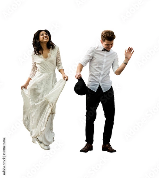 Fototapeta Merry happy young couple newlyweds have fun dancing on a isolated png background