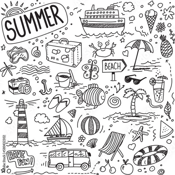 Fototapeta Hand drawn vector doodles, set of travel, tourism and summer elements. 
