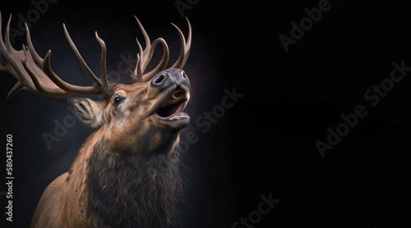 Fototapeta portrait of a happy laughing moose, photo studio set up with key light, isolated with black background and copy space - generative ai