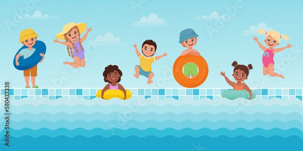 Fototapeta Kids jumping and playing near the pool. Happy Children in summer. Vector illustration in cartoon flat style