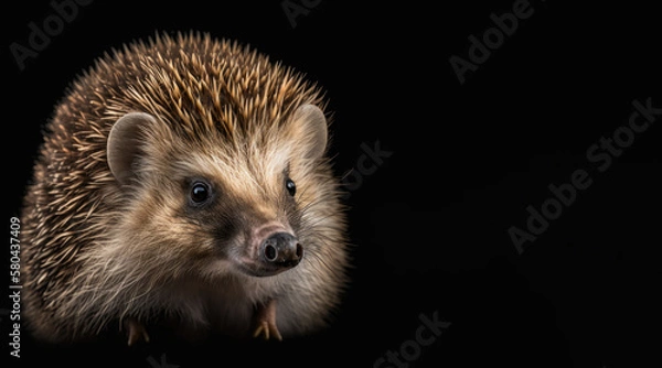 Fototapeta portrait of a happy hedgehog, photo studio set up with key light, isolated with black background and copy space - generative ai