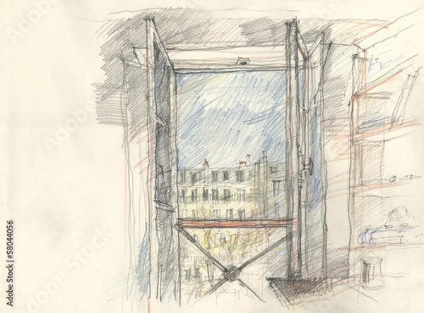 Fototapeta Sketch of a window in Paris from interieur