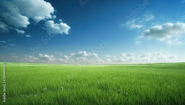 Fototapeta green field and blue sky, landscape background, generative ai