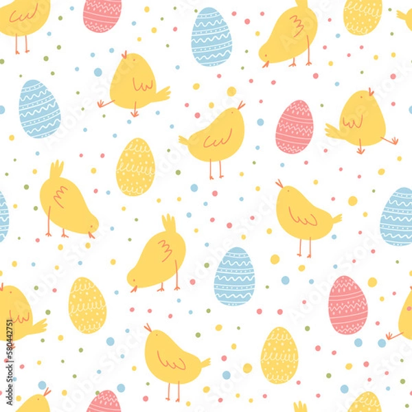 Fototapeta Seamless Easter pattern with hand drawn cute chickens and colorful eggs on white background. Vector illustration for wallpaper, print, textile, wrapping paper, banner, card