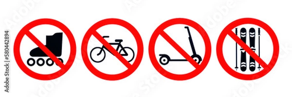 Fototapeta Icons on a transparent background with a red prohibition sign: a ban on rollers, bicycles, scooters and various sports equipment