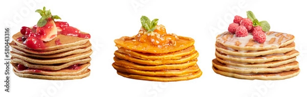Fototapeta Delicious pancakes with berries, honey or maple syrup. Homemade pancakes for breakfast with sweet syrup in isolation.