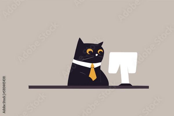 Fototapeta The cat works at the laptop at home. Flat illustration.