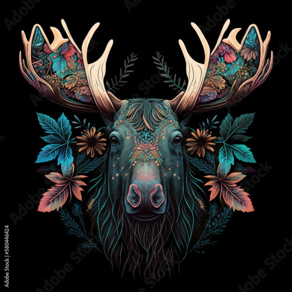 Fototapeta Colorful floral moose mandala art on a black background. Created with Generative AI technology.