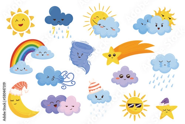 Fototapeta Cartoon Weather Characters Depicting Various Weather Conditions Sun, Rain, Snow, Thunderstorm, And Wind