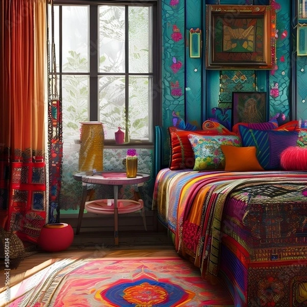Fototapeta A bohemian bedroom with colorful textiles and patterns3, Generative AI