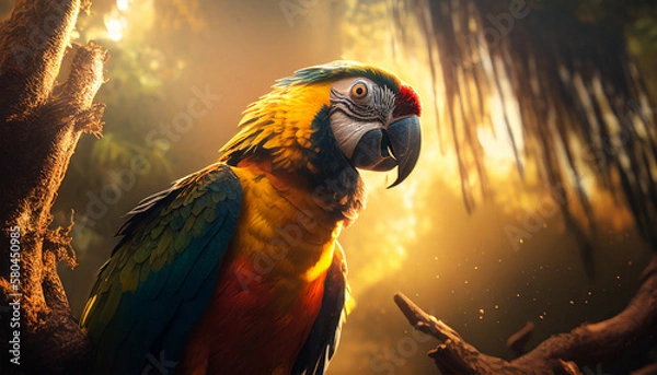 Obraz Beautiful portrait of a macaw in a forest with magical sunrays in the background - generative ai