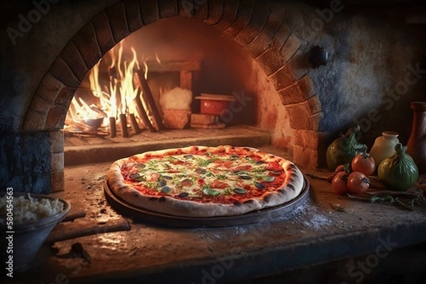 Fototapeta natural vegan pizza on the background of a rustic oven and fire, generative AI