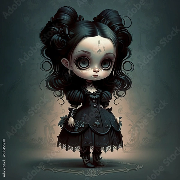 Fototapeta Gotic Chibi girl with big eyes that looks like a doll with big head created with Generative AI technology
