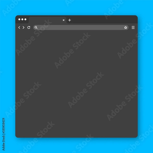 Obraz Blank web browser window with tab, toolbar and search field. Modern website, internet page in flat style. Browser mockup for computer, tablet and smartphone. Dark mode. Vector illustration