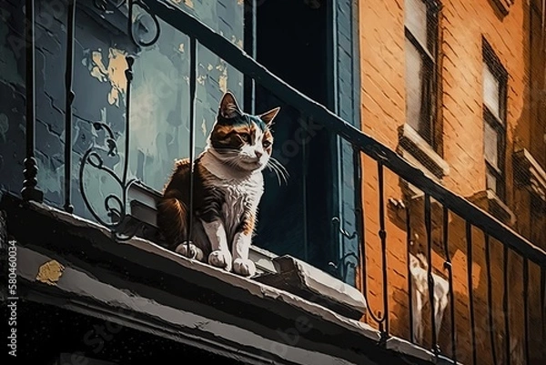 Fototapeta Calico street cat sitting on fire escape, concept of Urban Exploration and Feline Companionship, created with Generative AI technology