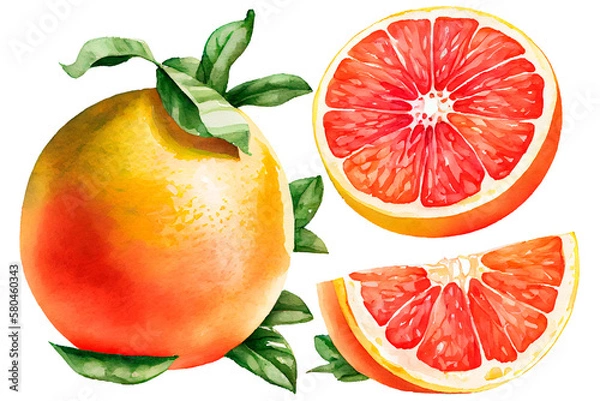 Obraz Ripe juicy grapefruit slices, watercolor drawing on a white background. Generative AI.
