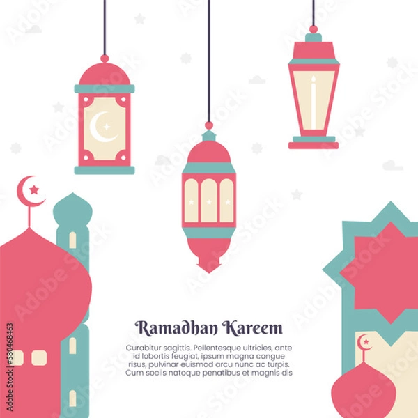 Fototapeta Attractive Ramadan Kareem poster design with minimalism vector illustration of mosque and lantern lights for islamic fasting event
