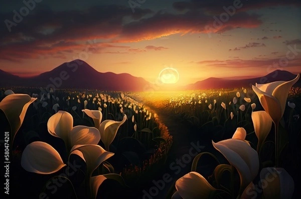 Fototapeta Calla Lily Flowers In A Meadow At Sunset Generative AI