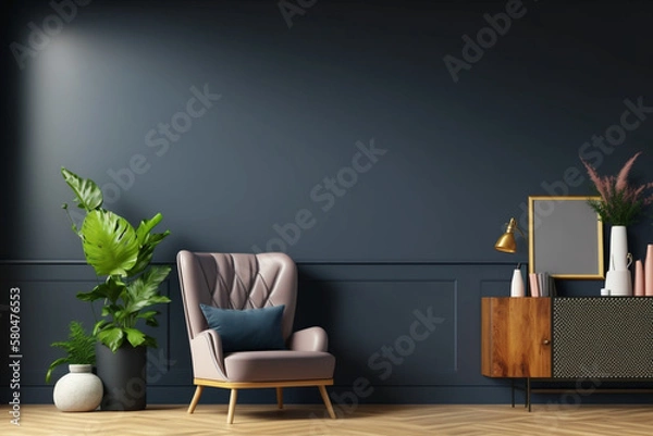 Obraz Mock up living room interior with armchair on empty dark blue wall wall background, Generative AI	