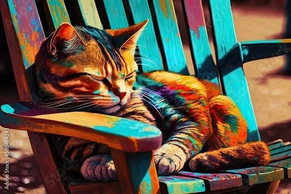 Fototapeta A close up photo of a street cat with many different colors sleeping on a chair on a sunny summer day. A colorful house cat is shown lying on the street in the summer. Brown cat in the yard, sitting o