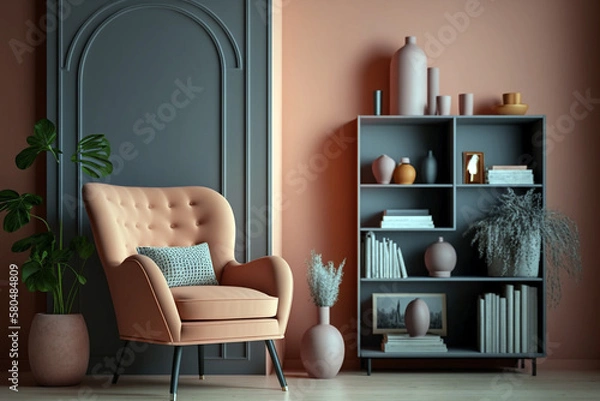 Fototapeta Cozy interior with orange terracotta armchair and grey bookshelf by orange wall. Generative ai illustration