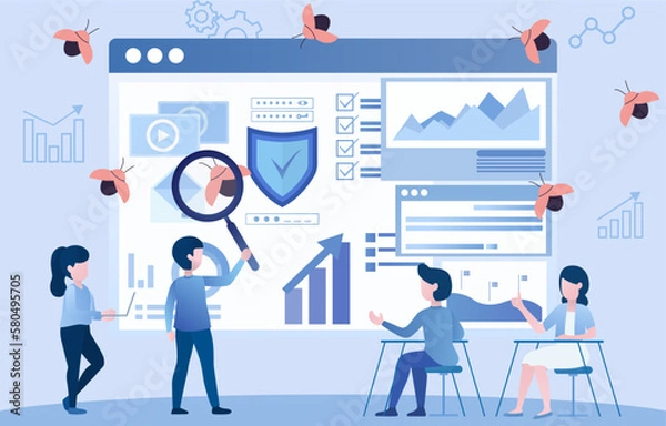 Fototapeta The IT team looks for bugs or viruses. Businessmen meeting online to protect data and fix errors. Viruses can damage or steal business information. Vector illustration.